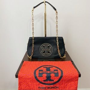 Tory Burch Black Leather Clutch w Chain + Dust Bag